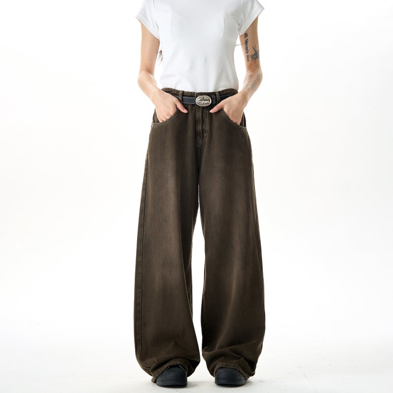 American Style High Street Vintage Wash And Dye Brown Jeans Men'S And Women'S Cleanfit Loose Straight Wide Leg Draping Pants - Image 2
